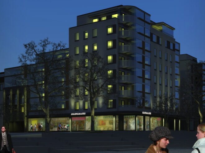 Havainnekuvassa Exlibris iltavalaistuksessa. Kuva: YIT Rakennus Oy/Aihio Arkkitehdit Oy