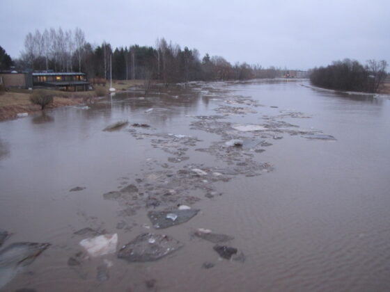 Loimijoki tulvii Huittisissa perjantaiaamuna. Kuva Voitto Haavisto.