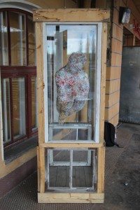 Muovipusseista valmistettu hahmo pitää majapaikkaa Meijerillä.