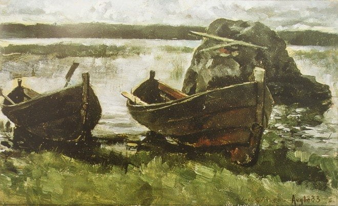 Veneitä rannalla, 1883. "Axel on istunut maalaamassa koko Liekoveden pituudelta, Roismalanlahdelta Vänninrantaan. Paikan voi määritellä siitä, miten Torran talo ja Liekosaari sijaitsevat toisiinsa nähden. Tämä elokuinen näkymä on Pappilan ja Jaatsin väliltä: vasemmassa yläkulmassa näkyy Torran pihapiiriä ja oikeassa Rätös.