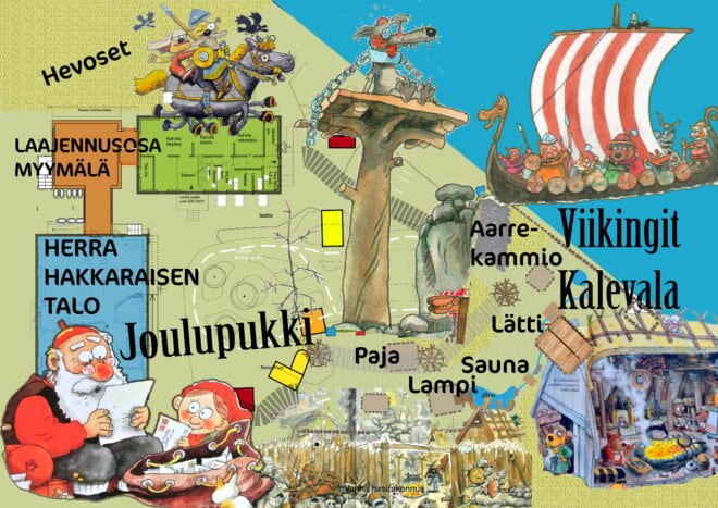 Herra Hakkaraisen talon ja niin sanotun Ahosen talon väliin on suunnitteilla laajennusosa. Uudisrakennukseen siirrettäisiin lipunmyynti ja myymälä. Vieterihevoset valtaisivat alaa tontin Valkamakadun puoleiselta kulmalta. Sinne tulisi oma leikkialue taaperoikäisille. Hyvinpä tontille sopisi vielä kokonainen Viikinki- ja Kalevalakylä aarrekammioineen, saunoineen ja pajoineen. Kuva: Leena Carelse, piirrokset Mauri Kunnas.