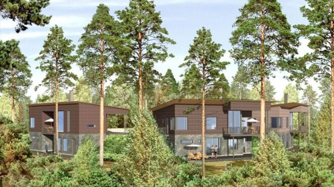 Rinnetalojen alakerrat ovat kivirakenteisia, joko betonielementtejä tai betonivaluharkkorakenteisia. Näkyvä sokkelikerros on tummaa kivipintaa. Yläkerran kantavat ulkoseinät ja väliseinät ovat massiivipuulevyä. Alakerran lattia on maanvarainen betonilaatta, välipohja on massiivipuurakenteinen ja yläpohja on puuristikkorakenteinen. Julkisivut ovat massiivipuulankuilla verhottuja ja tummiksi puunsuojamaaleilla käsiteltyjä. Parvekkeet ja terassit ovat lasitettuja. Kuva: Aihio Arkkitehdit
